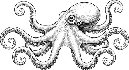 Intricate Vintage Octopus Illustration Featuring Detailed Stipple Art and Engraving Style with Curled Tentacles Isolated on White Background for Marine Life Nautical Graphic Design © MdAnowarHossain