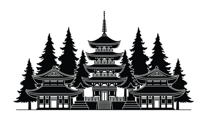 Fototapeta premium Black silhouette of a traditional japanese pagoda temple with pine trees
