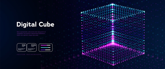 Digital Cube Background With Futuristic Particle Grid And Glowing Neon Dots. Dynamic Big Data Visualisation Background. AI, Blockchain and Cyber Vechnology. Vector Illustration © Oleg