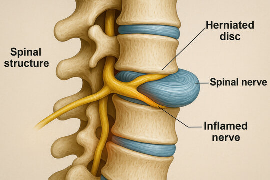 Anatomical illustration of painful herniated disc showing spinal structure and an inflamed nerve. This medical educational graphic details vertebra and spine anatomy