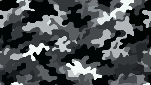 Military camouflage seamless pattern features navy blue and gray shapes on a black background for a tactical design.