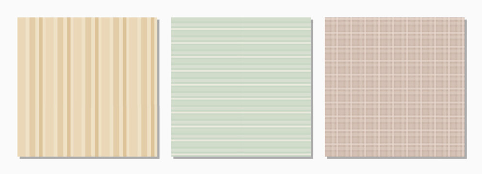 Minimal stripe and check seamless patterns. Pastel neutral background set