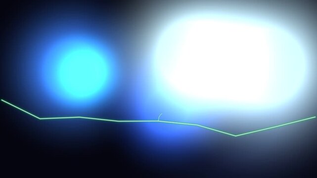 Abstract digital visualization features bright white and vibrant blue light flares contrasted against a deep black background with a neon green oscilloscope line graph moving across the central area s