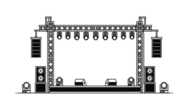 A detailed technical drawing of a stage setup with lighting and sound equipment