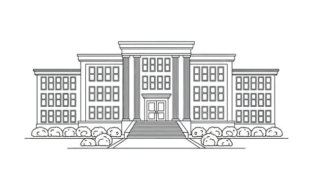 A large building with columns and a staircase drawn in a simple line style