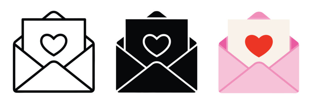 Love letter icon set, heart envelope symbols in black white and pink style for mobile concept and web design, minimal romantic message icons