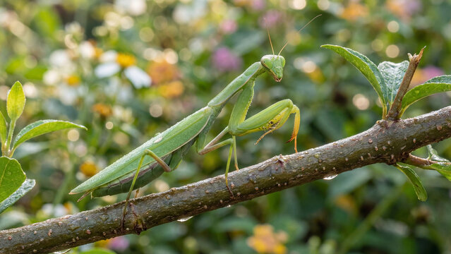 praying mantis on green leaf