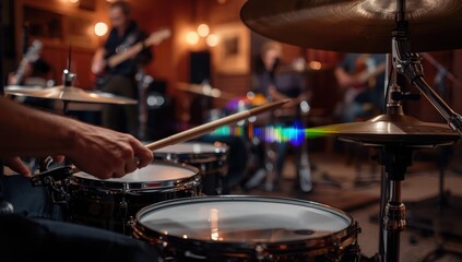 Fototapeta premium Details of a drummer's hands performing in a studio rehearsal, showcasing teamwork and music practice