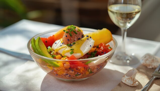 Ceviche with fish, sea bream, tuna, avocado, bell pepper, chili, chives, lemon, olive oil, blue poppy seeds, and salt