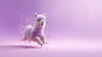 Fototapeta premium Niedliches springendes rosa Lama-Plüschtier mit Konfettis auf pinkem Hintergrund – 3D-Illustration