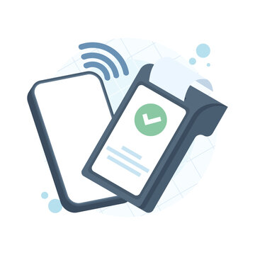 Vector illustration of mobile payments with smartphone terminal, NFC technology, online banking, digital transactions, modern flat design for fintech and payment solutions.
