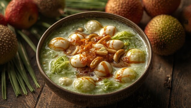 Dawet is the mix of cendol (the green vermicelli) coconut milk and Javanese sugar. Nanka, lychees and beans