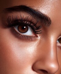 Fototapeta premium Makro-Nahaufnahme eines braunen weiblichen Auges mit langen gewellten Wimpern und perfekten Augenbrauen, intensives Beauty-Detail