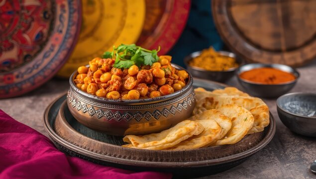 Indian dish spicy Chick Peas curry also known as Chola Chana Masala or commonly Chole, served served with fried puri or poori over colourful or wooden background