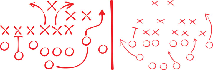 Detailed hand drawn illustration depicting two different opposing offensive and defensive formations in American football strategy.