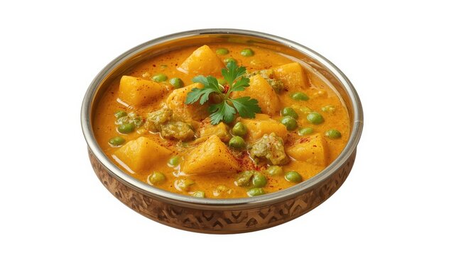 Aloo Matar, a classic Indian peas and potato curry, isolated on white with clipping mask