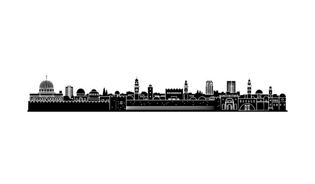 Jerusalem skyline silhouette with famous historic landmarks and religious architecture isolated on white