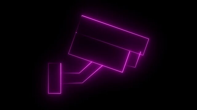 A vibrant neon violet color outline icon of a modern surveillance CCTV camera, symbolizing safety and digital monitoring technology, isolated on black background.  4k video