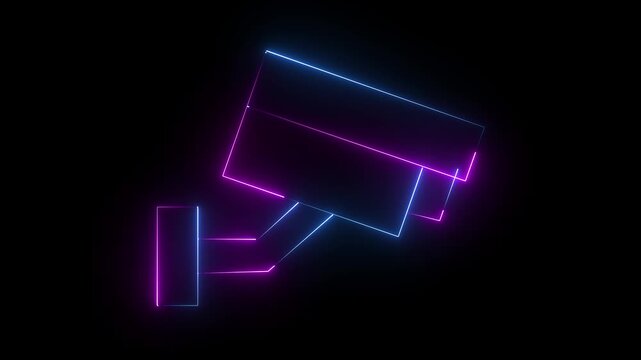 A vibrant neon blue and pink color outline icon of a modern surveillance CCTV camera, symbolizing safety and digital monitoring technology, isolated on black background.  4k video