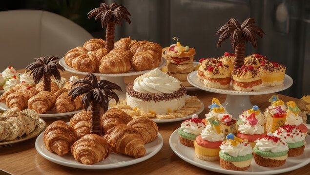 Collection of dessert plates featuring chocolate palm trees, sweet and savory croissants, flavored sponge cakes, snacks, assorted cupcakes, and a cream-filled roscon