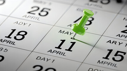 A green pushpin marking may 11th on a calendar between april and may