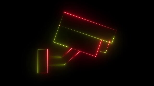 A vibrant neon yellow and red color outline icon of a modern surveillance CCTV camera, symbolizing safety and digital monitoring technology, isolated on black background.  4k video