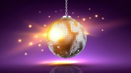 Goldene leuchtende Diskokugel an Kette h&auml;ngend vor violettem Hintergrund mit Lichteffekten, festliche Party-Atmosph&auml;re