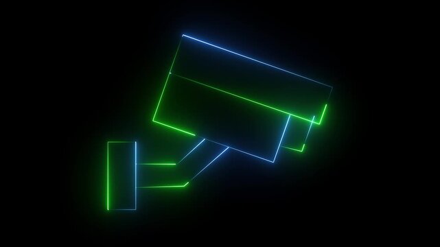 A vibrant neon blue and green color outline icon of a modern surveillance CCTV camera, symbolizing safety and digital monitoring technology, isolated on black background.  4k video