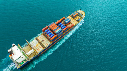 Aerial view of the freight shipping transport system cargo ship container. international...