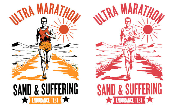 Ultra marathon runner graphic print design. Sand and suffering endurance test vintage illustration for t-shirt print, poster, sticker, athletic club a