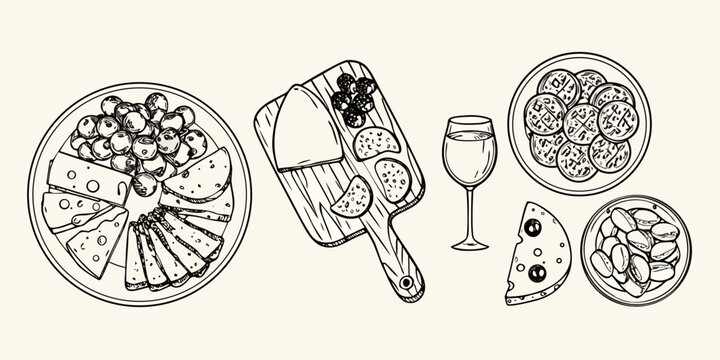 Sketch of charcuterie board with cheeses meats olives and wine
