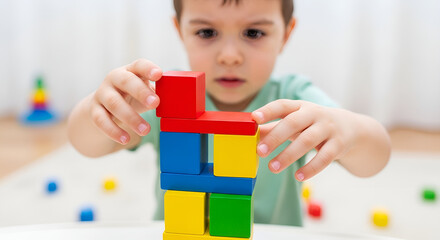 Young boy building a tower with colorful wooden blocks-child playing educational game