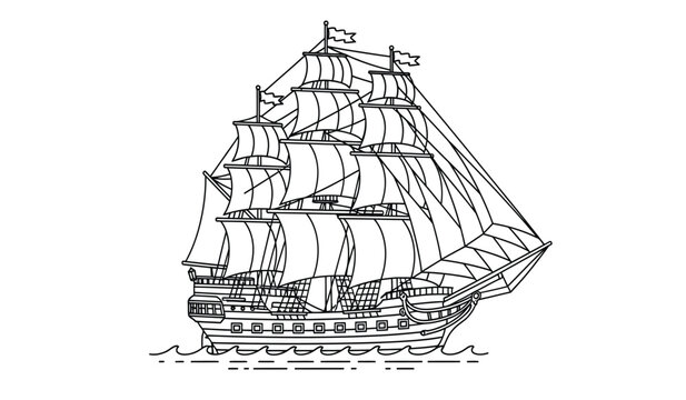 A detailed line drawing of a large sailing ship with multiple masts and sails on calm waters