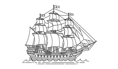 A detailed line drawing of a large sailing ship with multiple masts and sails on the water
