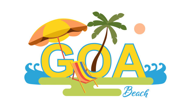 Goa beach illustration with colorful palm tree and umbrella logo