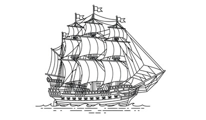 A detailed illustration of a large sailing ship with multiple masts and sails on the water