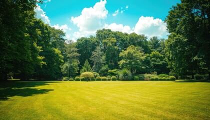 Naklejka premium Vast Green Lawn Under a Bright Blue Sky with Lush Trees and Fluffy Clouds, Ideal for Outdoor Gatherings, Relaxation, and Nature-Themed Presentations