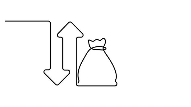 Animated self drawing of continuous line design of money sacks and diagrams. Money bag with upward arrow representing financial growth. Economic growth decline graph symbol. 4K animation video