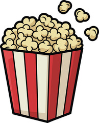Cartoon popcorn bucket overflowing with fresh popped kernels and flying pieces in red white striped box, fun cinema movie snack illustration for entertainment and food concepts.