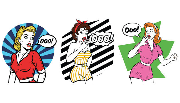 Woman pop art vector illustrations in various colorful retro style designs