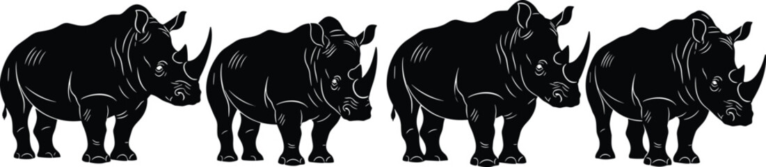 Fototapeta premium Rhinoceros silhouette vector illustration, wildlife animal artwork, black and white design, safari creature graphic, endangered species image, nature conservation symbol