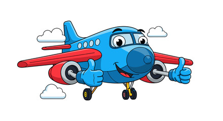Cartoon airplane character flying with thumbs up among clouds