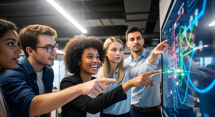 Obraz premium Diverse Business Team Collaborating and Analyzing Data on an Interactive Digital Screen in a Modern Office