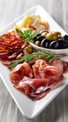 Artisan Cured Meat Platter With Olives And Cheese On White Plate With Rosemary Garnish