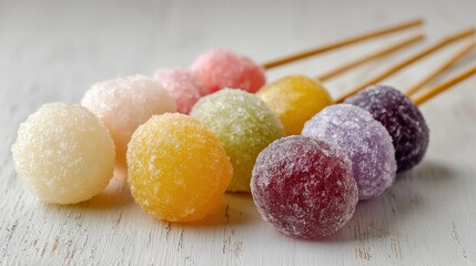 Assorted Colorful Sweet Mochi Balls Dusted With Sugar And Served On Wooden Sticks