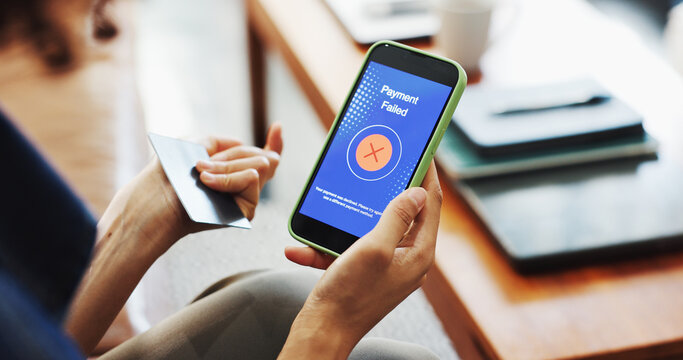 Credit card, phone screen and hands of woman with failure for online shopping, purchase and payment. Mistake, ecommerce and person on smartphone on bank app for glitch, error and transaction issue