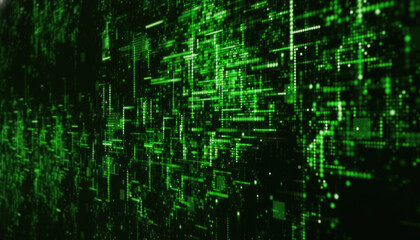 Naklejka premium Digital matrix of green glowing code and data streams.
