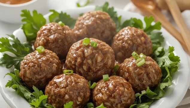 In Indonesia, bakso is a popular dish made of minced meat mixed with tapioca flour, garlic, and other ingredients, displayed against a white background