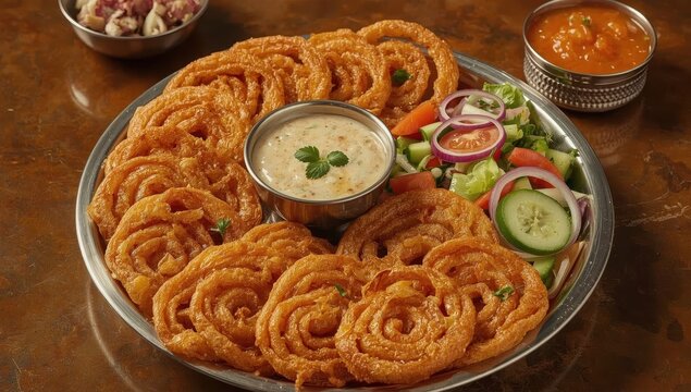 Gujarati delicacy Fafda Jalebi with traditional papaya chutney. Gaanthiya fafda accompanied by besan kadhi in a thaali