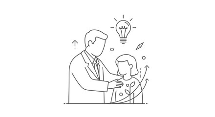 Obraz premium Mentor figure places a supportive hand on a younger person's shoulder beneath a glowing lightbulb representing new ideas and professional growth development.